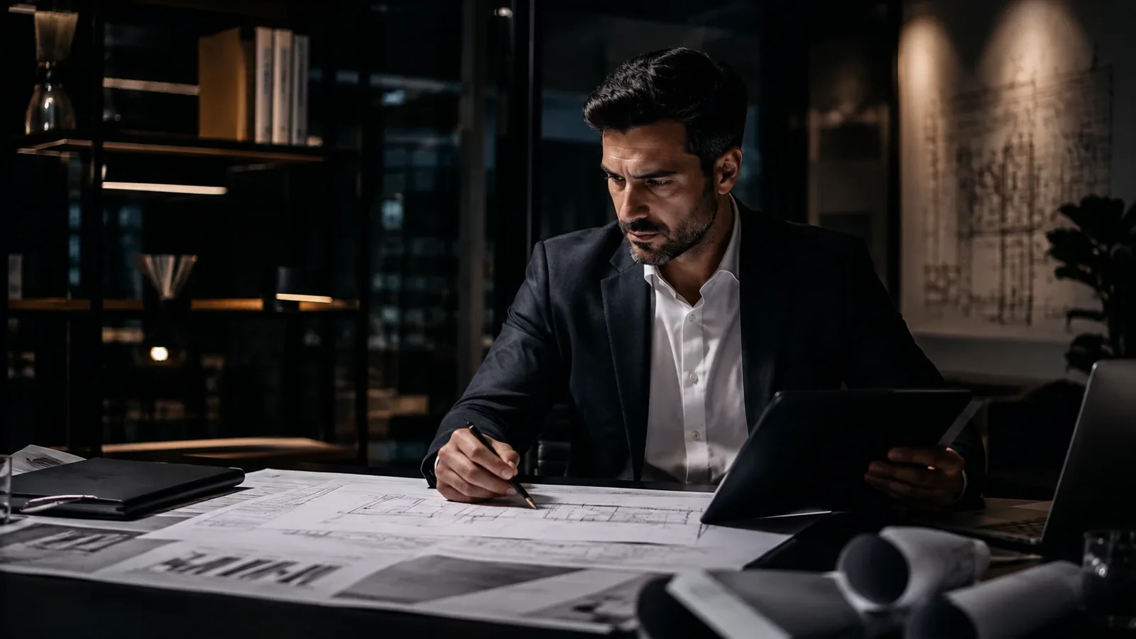 Μηχανικός μελετά σχέδια και στοιχεία έργου σε γραφείο